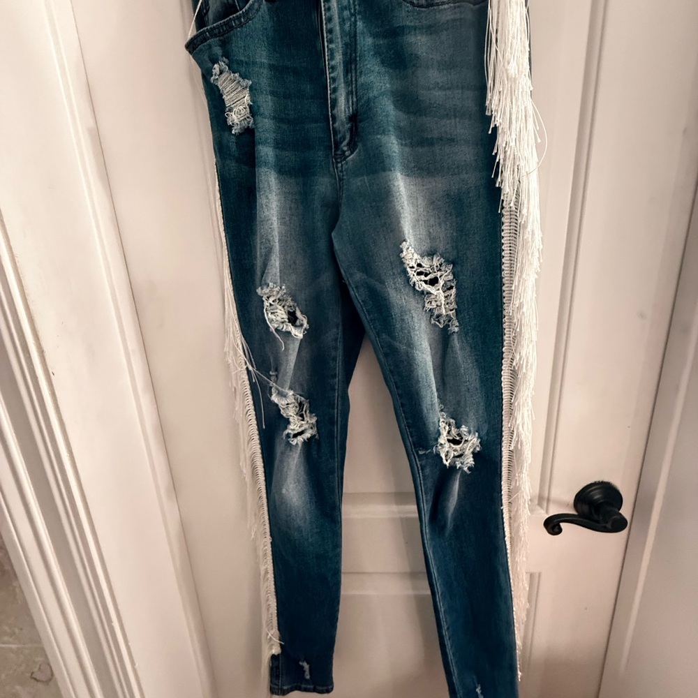 Aphrodite Blue Skinny Jeans with Distressed Design and Side Fringe size 3